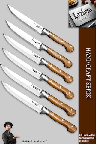 Lazbisa Mtf-048 Hand Craft Mutfak Bıçak Seti Et Ekmek Sebze Meyve Doğrama Bıçağı 6 Lı Günlük Kullanım Kırmızı