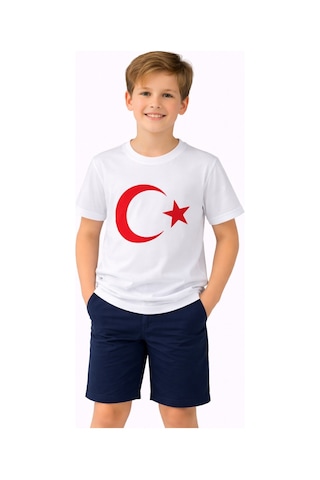 Türk Bayraklı Kız Erkek Çocuk Penye Tshirt Bgl-st05507 Beyaz