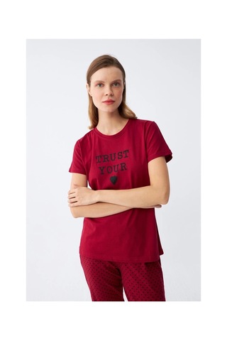 İkikareshop Kadın Bordo Kalp Desenli Kısa Kollu Penye Pijama Takımı Çok Renkli