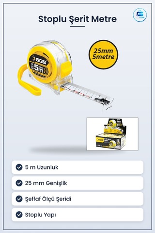 Şerit Metre 5 M X 25 Mm Şeffaf Kasalı Stoplu Ölçüm Aleti Manuel S