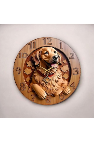 AA Shop Ahşap Renkli Baskı Golden Köpek Desenli Kabartma Görünümlü Hediyelik Ahşap Sessiz Duvar Saati 50cm ÇOk Renkli