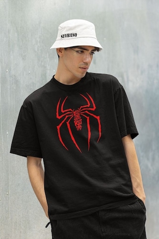 Havalı Spider-man Logo Baskılı Unisex Oversize Tişört Siyah
