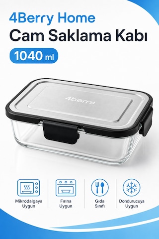 1040 Ml Kilitli Cam Saklama Kabı İnoks Kapaklı Yemek Ve Kahvaltılık Kabı Şeffaf