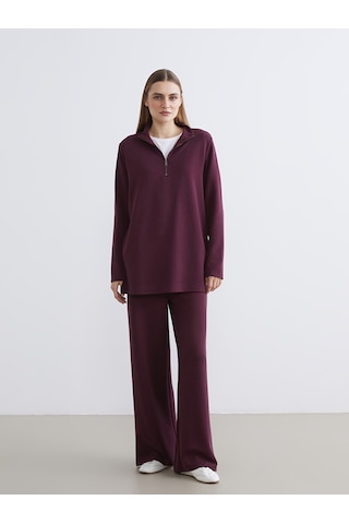 Lcw Everyday Bordo Dik Yaka Çizgili Oversize Kadın Tişört