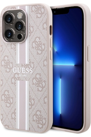 Apple Uyumlu iPhone 14 Pro Max Kılıf Guess Lisanslı Magsafe Şarj Özellikli 4g Şerit Tasarımlı Printed Kapak Pembe