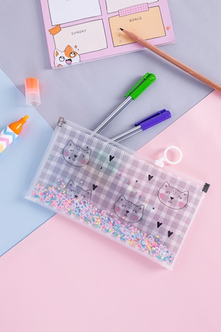 Simli Şeffaf Kalem Çantası - Kedi Desen