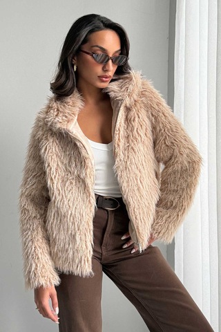 Verymoda Yapay Kürk Kadın Ceket Fermuarlı, Yumuşak Dokulu Modern Kışlık Mont F2037 Taş