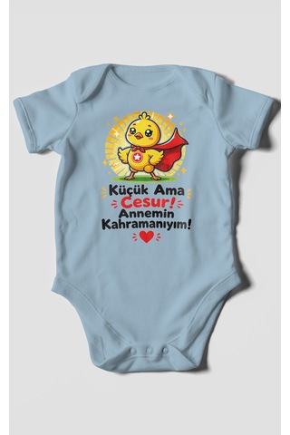 Morivokids Küçük Ama Cesur Annemin Kahramanıyım Kısa Kollu Bebek Body %100 Pamuk Bebe Mavisi