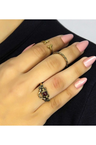 Doğal Taşlı 3'lü Garnet Lal Doğal Taşlı Antik Modelli Kadın Ayarlanabilir Yüzük Seti Euy86 Kırmızı