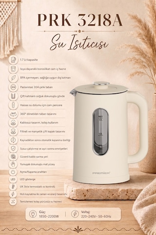 Premier PRK 3218A 1.7 L Isıya Dayanıklı Cam Hazneli Led Işıklı Su Isıtıcısı Kettle