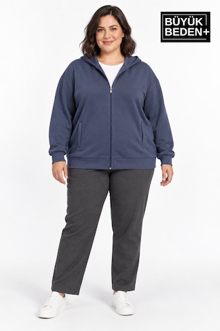 Süperlife Kadın Büyük Beden Fermuarlı Kapüşonlu Cepli Sweatshirt Hırka Rahat Kalıp Spr26bhrk961 Indigo