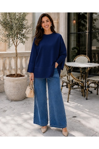 Unika Boutique Kadın Oversize Yırtmaçlı Uzun Kollu Salaş Bluz Lacivert