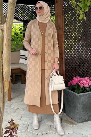 Dama Desenli Bej Triko Hırka Çok Renkli