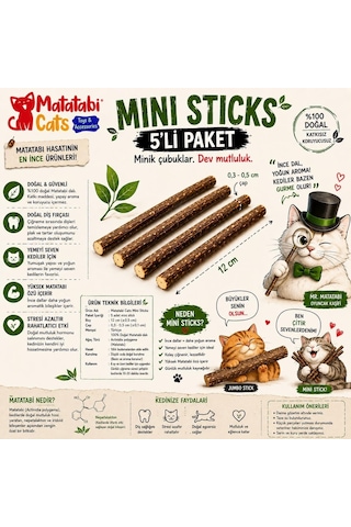 Ayrex Mini Sticks 5'li Doğal İnce Matatabi Çubuğu Kedi Oyuncağı İnce Çiğneme Çubuğu Kedi Diş Bakımı