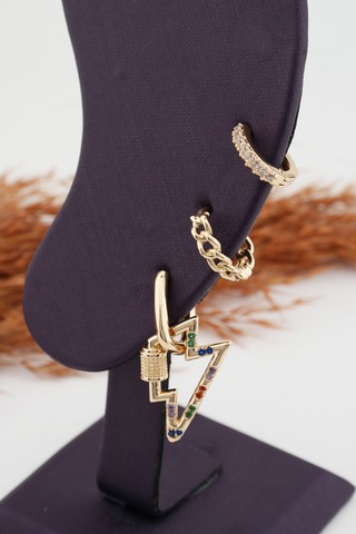 Kadın Altın Kaplama Kararmaz Şimşek Figürlü 3'Lü Zirkon Set Küpe Altın-M