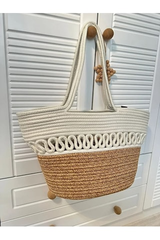 Doğal Hasır Jüt El Örmesi Bayan Çanta-bej Beyaz Trikotlu Bej