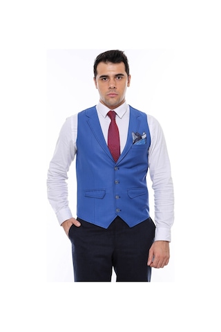 Wessi Mavi Yakalı Desensiz Erkek Yelek 001
