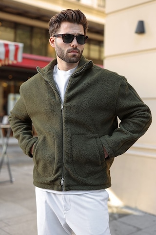 Madmext Haki Çift Fermuarlı Dik Yaka Peluş Erkek Ceket E7193