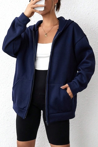 Modagen Unisex Lacivert Düz Renk Kapüşonlu Oversize Hırka Lacivert