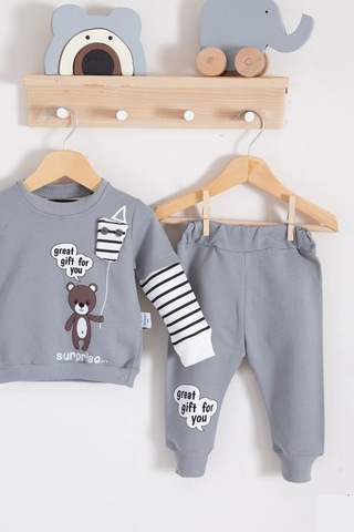 Gift For You Desenli 2'li % 100 Pamuk Erkek Bebek Takımı Gri