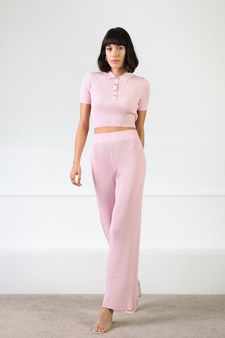 Ferraro Pembe Kadın Polo Yaka Kısa Kol Fitilli Viskon Triko Bluz Pembe