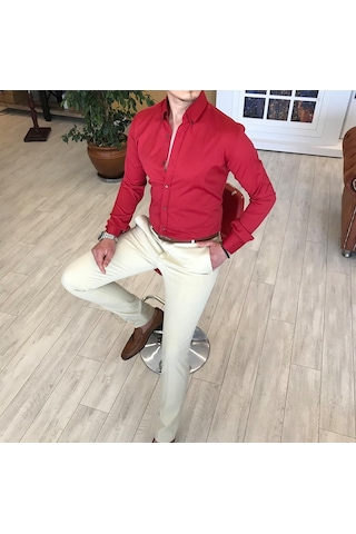 Italyan Stil Slim Fit Dik Yaka Saten Erkek Kırmızı Gömlek T4113