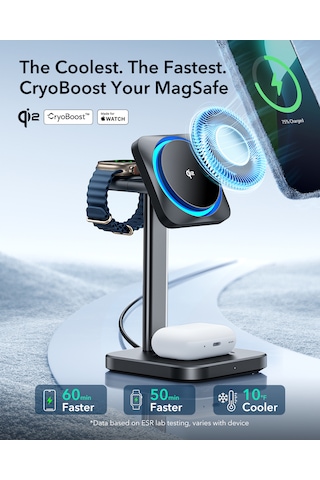 Esr Qi2 Cryoboost 3 İn 1 15w Magsafe Masaüstü Şarj Standı Apple Uyumlu iPhone Watch Ve Airpods Kablosuz