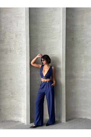 Crop Pantolon Keten Takım S255012 Lacivert