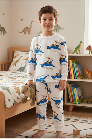 Bunny Hopp Erkek Çocuk Dinozor Desenli Pijama Takımı %100 Pamuk Beyaz Uzun Kollu Ev Giyimi