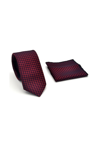 Lacivert Piti Kare Desenli Bordo Dokuma Kumaş Mendilli Slim Fit Kravat // Sdk-2503-6 Bordo