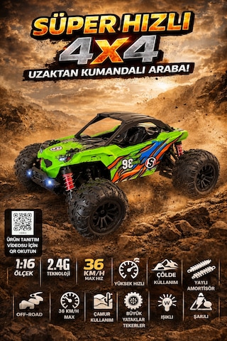 1:16 Rc Araba 36 Km/h Hızlı 4x4 Uzaktan Kumandalı Off Road Drift Araç Şarjlı 2.4ghz