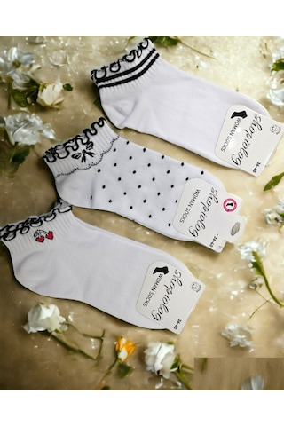 Shopiolog Sevimli Marul Desenli Bilek Çorabı 3'lü Paket Siyah-beyaz Beyaz - Siyah