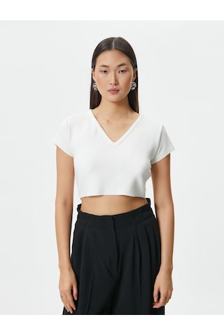 Koton Crop Tişört Kısa Kollu V Yaka Ekru 4sak50231ek 4SAK50231EK010 Ekru