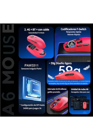 Freewolf A6 Kablosuz Oyuncu Mouse Paw3311 1000 Hz 24000 Dpı Profesyonel Bluetooth Üç Modlu Bağlantı Diğer