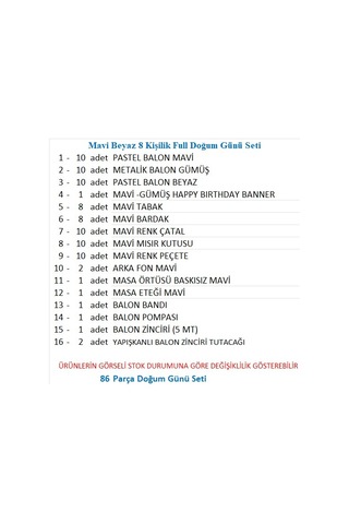 Mavi Beyaz 8 Kişilik Full Doğum Günü Seti