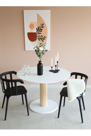 Naturalwood Ahşap Ayaklı Yuvarlak Yemek Masası, Modern Mat Beyaz Mdf Yemek Ma