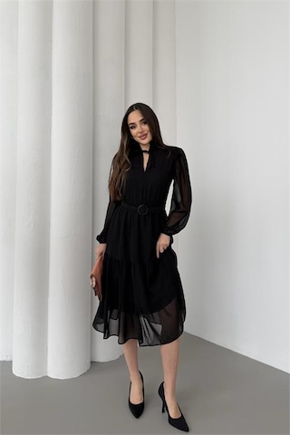 Neşeli Butik Kadın Siyah Beli Kemerli Midi Boy Şifon Elbise Nbelb02 Siyah