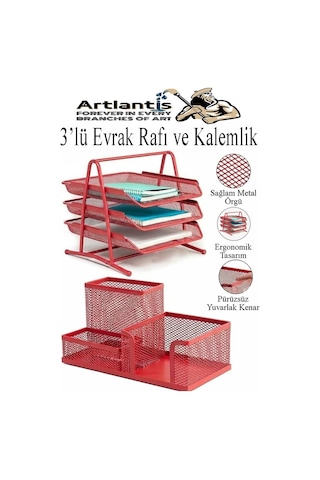 Kırmızı Metal Evrak Rafı 3 Lü Ve Masaüstü Kalemlik 1 Paket Masaüstü A4 Dosya 3 Katlı Düzenleyici Kağıt Tepsisi Metal Kırmızı
