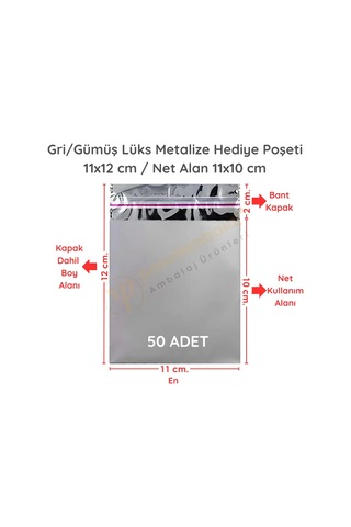 11x12 Cm Gümüş Renk Bantlı Lüks Metalize Hediyelik Poşet 50 Adet