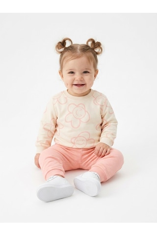 HelloBaby Pamuklu Çiçek Detaylı 2li Kız Bebek Takım Somon