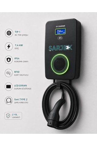 Şarjex 7,4 Kw Şarj İstasyonu 5m Kablolu, 32A, 7,4kW, Type 2
