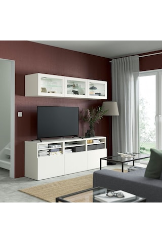 Tv Ünitesi, Beyaz-şeffaf Cam, 180x42x192 Cm, Lappvıken/sındvık, Fren Raylı Beyaz