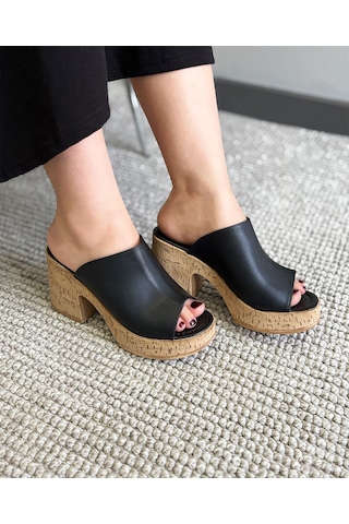 Asmi Shoes Kadın Siyah Cilt Deri Mantar Taban Ortopedik Platform Topuk Terlik