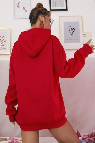 Modagen Kırmızı Kelebek Baskılı Oversıze Kapüşonlu Sweatshırt Kırmızı