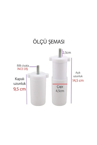 4 Adet Destek Ayağı 9,5-14,5 Cm Beyaz Ve 4 Adet Metal Düz Ayak Tabanı M8 Civatalı İnce Diş Mobilya Kanepe Baza Koltuk Seti