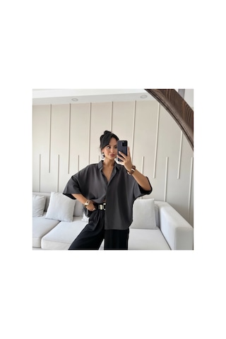 Feg Store Antrasit Yarasa Kol Duble Manşetli Modal Oversize Gömlek
