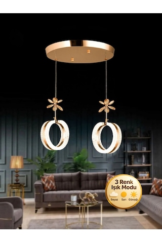 Aurea Model 2 Li Kristal Taşlı Gold 3 Renk Modu Ledli Salon Mutfak Oturma Odası Sarkıt Led Avize Metalik