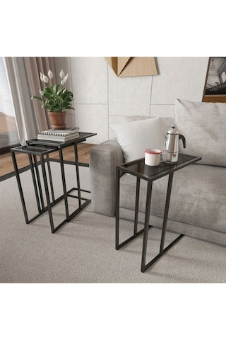 Rozy Camlı Üçlü Zigon Sehpa Siyah