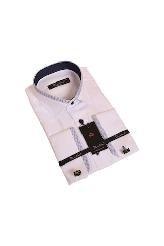 Beyaz Lacivert Bieli Yaka Dar Kesim Micro Kumaş Kol Düğmeli Slim Fit Erkek Gömlek - 200-3 001