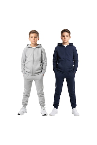 Panios Kids 2'li Fermuarlı Kanguru Cepli Kapüşonlu Düz Baskısız Erkek Çocuk Eşofman Takımı Gri - Lacivert
